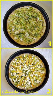 pizza con zucchine, salmone, gamberi e zucchine, ricetta per l'estate