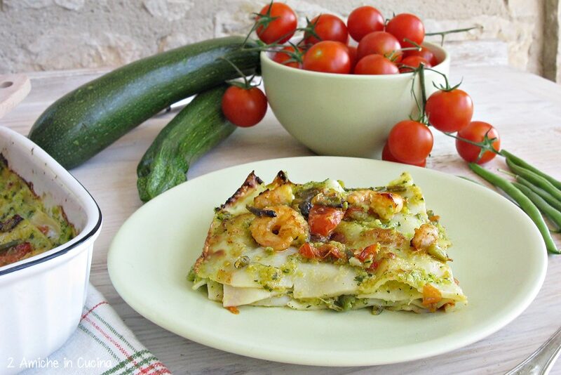 Lasagne al pesto di zucchine con gamberetti e zucchine