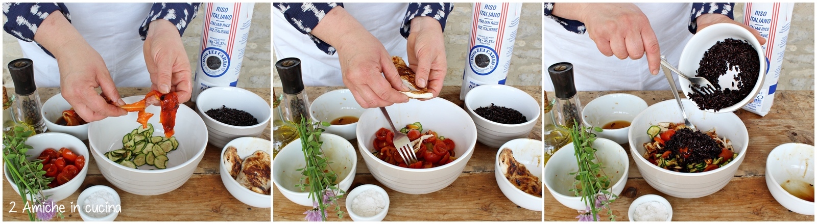 insalata di riso integrale nero , verdure e stive e pollo