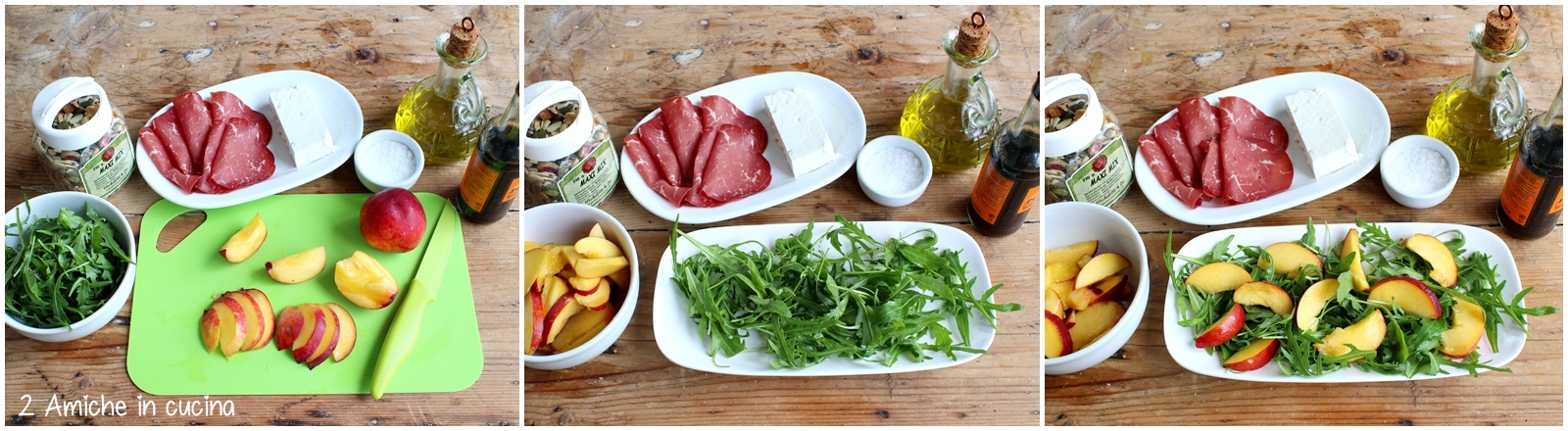 insalata di pesche estiva con rucola, bresaola e maxi mix