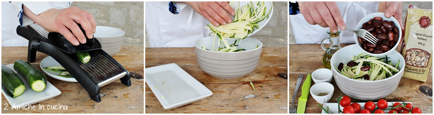 spaghetti di zucchine crude fagioli pomodori e aromatiche