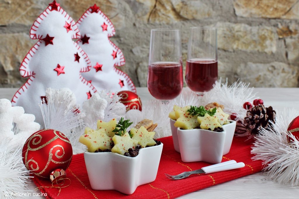 Antipasto per le feste, crema di topinambur e patate con sardine e lenticchie beluga