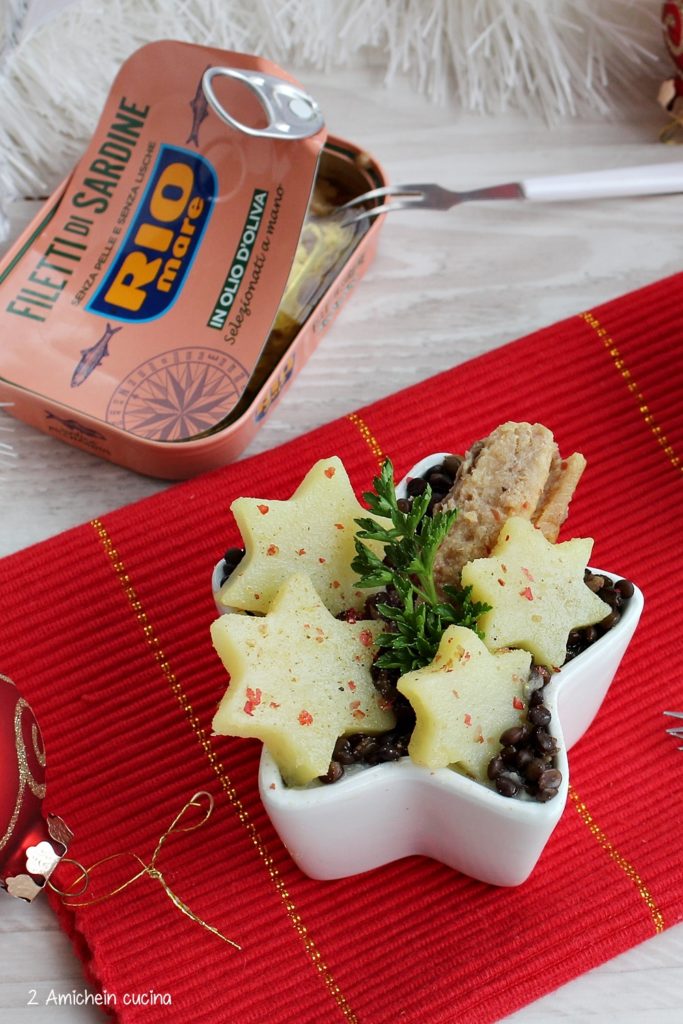 Antipasto per le feste, crema di topinambur e patate con sardine e lenticchie beluga