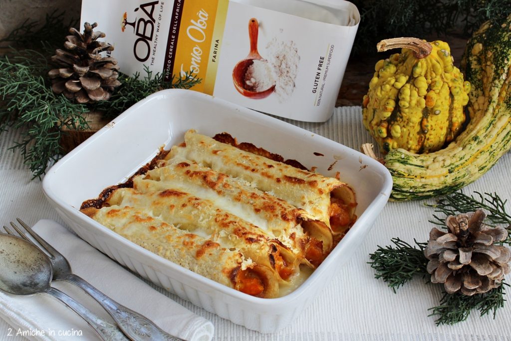 Cannelloni di crepes di fonio senza glutine, con zucca e speck