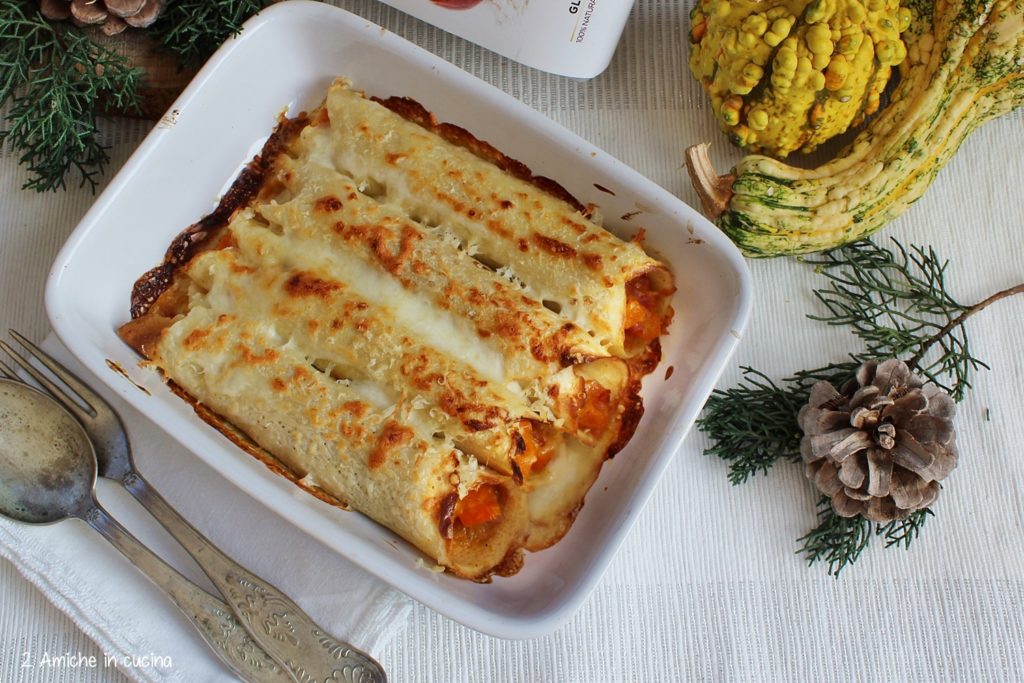Cannelloni di crepes di fonio senza glutine, con zucca e speck