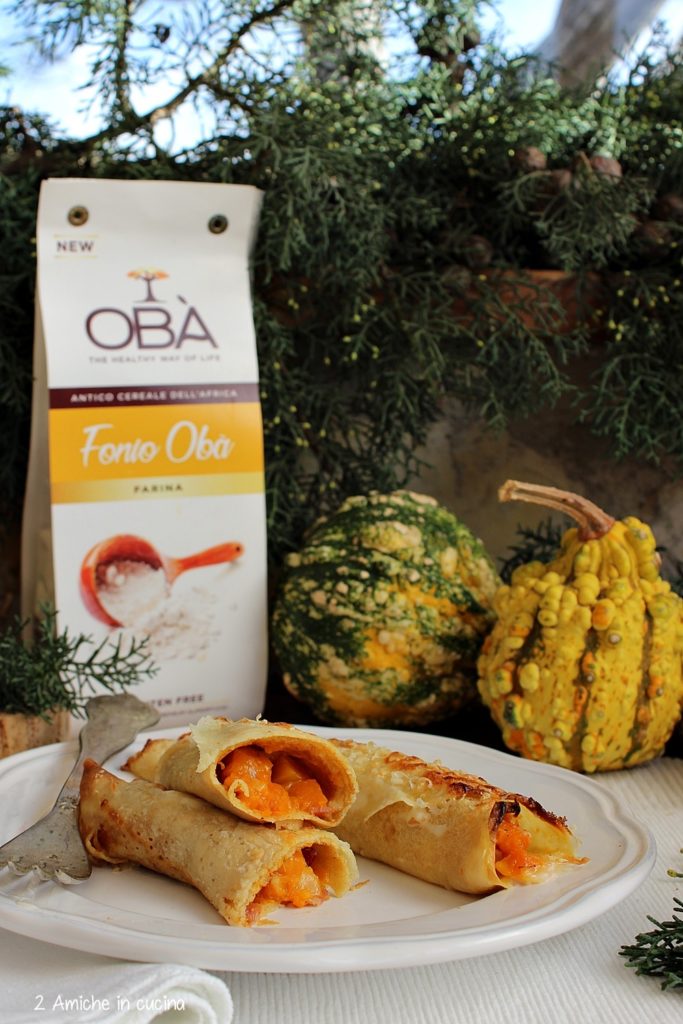 Cannelloni di crepes di fonio senza glutine, con zucca e speck