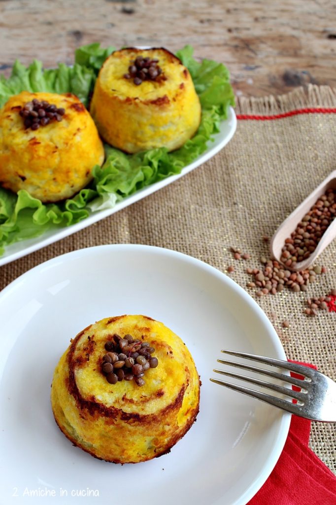 Tortini di patate allo zafferano purissimo in stimmi umbro con crema di lenticchie di Colfiorito al tartufo