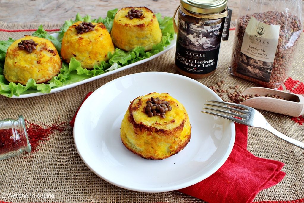 Tortini di patate allo zafferano purissimo in stimmi umbro con crema di lenticchie di Colfiorito al tartufo
