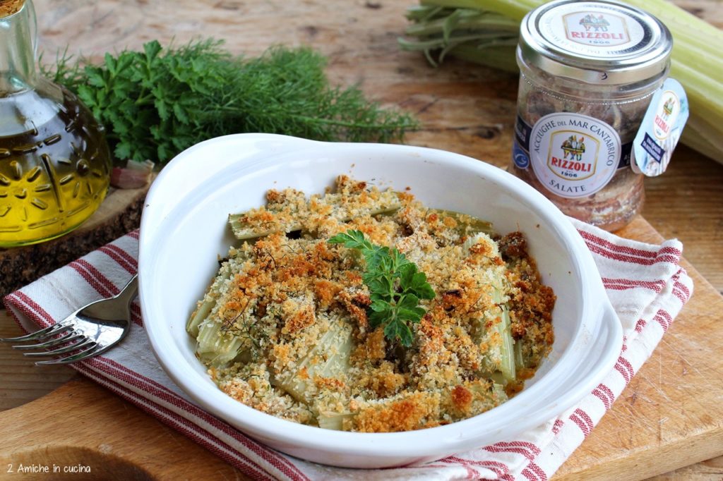 Gobbi o cardi gratinati con erbe, e acciughe salate 