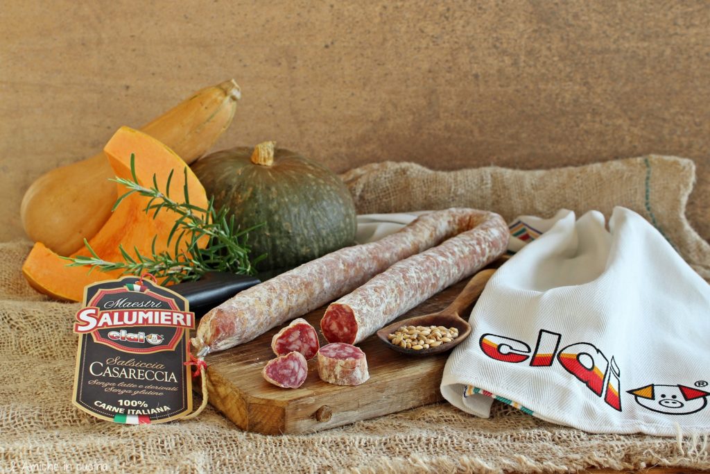 Ingredienti per la zuppa di farro con zucca e salame