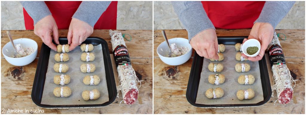 Fare in casa un aperitivo con biscotti salati farciti di formaggio e salame