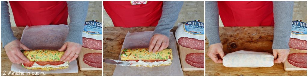 Come arrotolare una frittata farcita di salame e formaggio cremoso