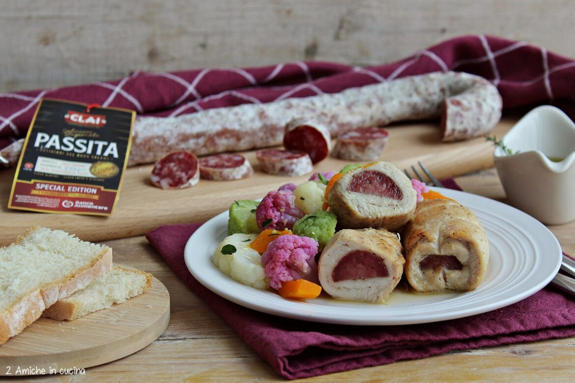 Involtini di petto di pollo farciti con salsiccia PAssita CLAI e contorno di verdure invernali alle erbe