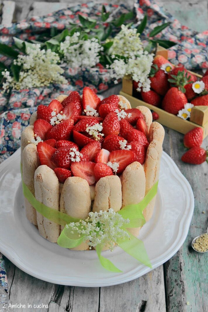 Ttorta con savoiardi, crema tiramisù e fragole al profuimo di fiori di sambuco