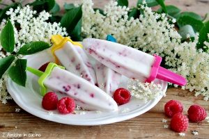 Gelato su stecco allo yogurt con lamponi freschi e sciroppo ai fiori di sambuco