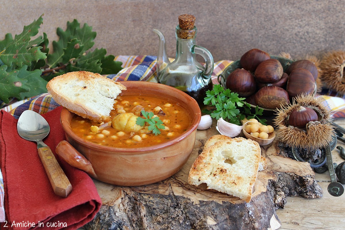 tegamino con zuppa di castagne e ceci, olio di oliva e pane tostato