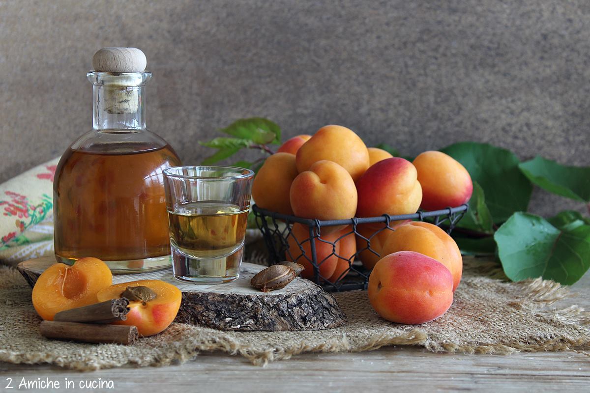 bottiglia con liquore ai noccioli di albicocche e albicocche fresche